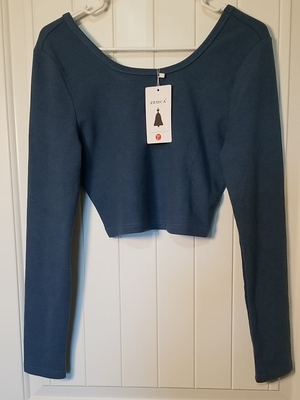 New Blue Long-Sleeve Cropped Ribbed Top NWT Size Large By Zesica